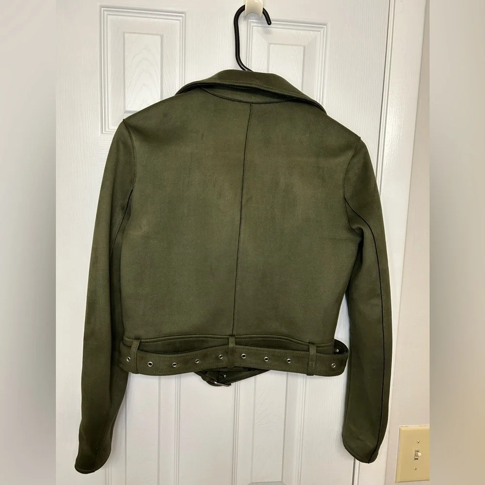 Zara Olive Moto Jacket Belted Zip Biker Chic Trendy S - Picture 4 of 14